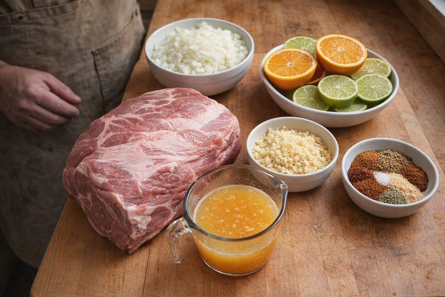 A shot from above, showing the mise en place for carnitas: a pork shoulder, chopped onion, minced garlic, juiced oranges and limes, and a bowl of mixed spices